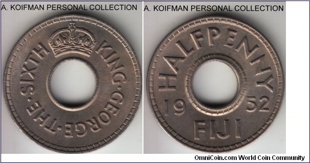 KM-16, 1952 Fiji half penny; copper-nickel, plain edge; common, but bright uncirculated GEM specimen.