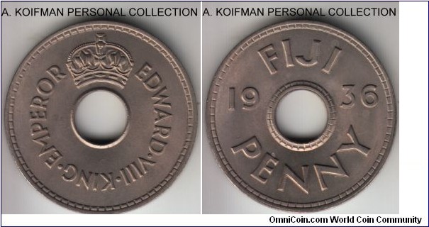 KM-6, 1936 Fiji penny; copper-nickel, plain edge; one of the few coins that were minted with Edward VIII before his abdication, brilliant uncirculated.
