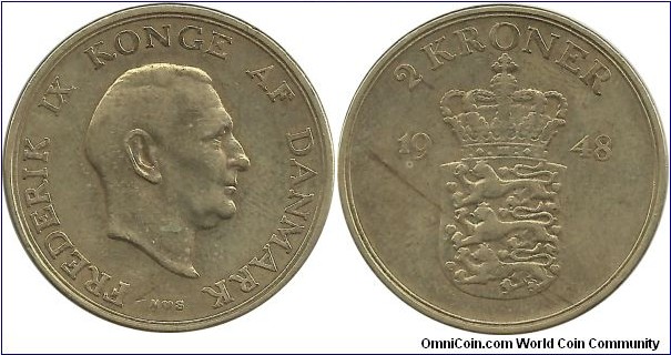Denmark 2 Kroner 1948-Frederik IX
