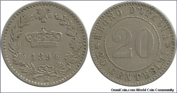 Italy-Kingdom 20 Centesimi 1894R (Rome mint is rare type)