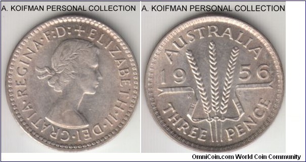 KM-57, 1956 Australia 3 pence, Melbourne mint (no mint mark); silver, plain edge; about uncirculated, quite a bit of luster remaining, especially on reverse.