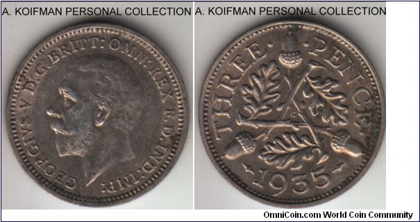 KM-831, 1935 Great Britain 3 pence; silver, plain edge; about extra fine.