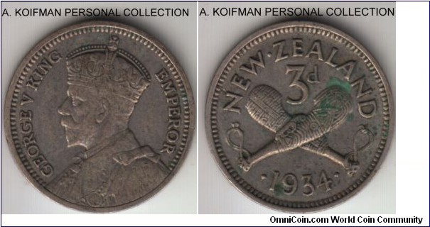 KM-1, 1934 New Zealand 3 pence; silver, plain edge; decent very fine.