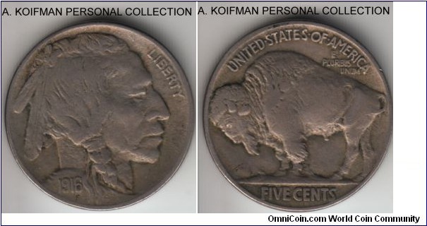 KM-133, 1916 United States of America 5 cents, Philadelphia mint (no mint mark); copper-nickel, plain edge; fine or better, clear date.