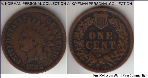 KM-90a, 1882 United States of America cent; bronze, plain edge; well circulated and slightly bent, popular Indian type.