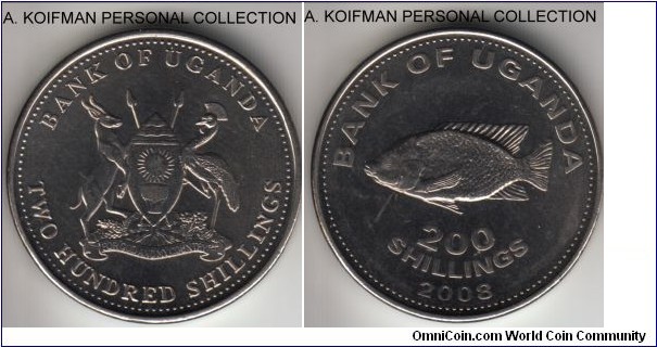 KM-68a, 2008 Uganda 200 shillings; nickel plated steel, plain edge; about uncirculated.