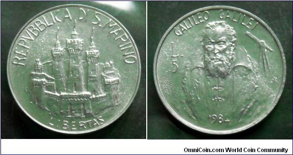 San Marino 5 lire.
1984, Galileo Galilei.