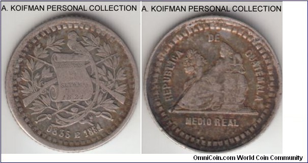 KM-155.1, 1881 Guatemala medio (1/2) real, E mint mark; silver, reeded edge; about extra fine, mintage is not listed.