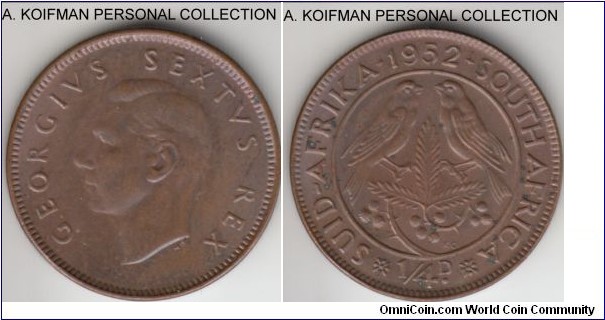 KM-32.2, 1952 South Africa (Dominion) farthing; bronze, plain edge; uncirculated, few spots.