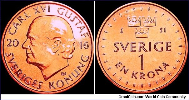 Sweden - 1 Krona - 2016 - Weight 3,6 gr - Copper-plated steel - Size 19,5 mm - Thickness 1,79 mm - Alignment Medal (0°) - Engraver Ernst Nordin - Mint of Finland Ltd - Edge : Milled - Mintage 279 000 000