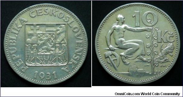Czechoslovakia 10 korun. 1931, Ag 700.
