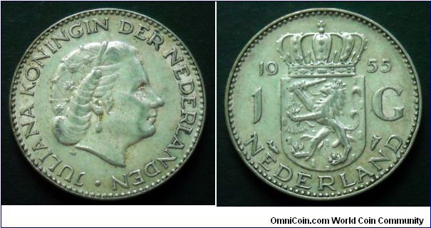Netherlands 1 gulden.
1955, Ag 720.