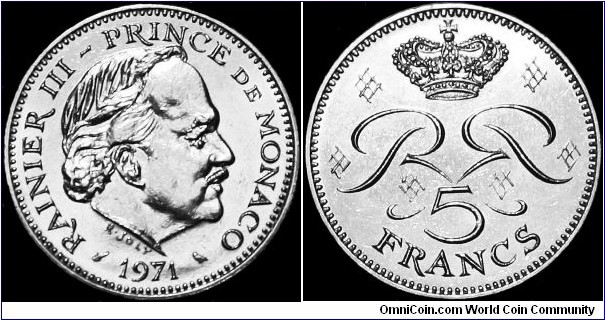 Monaco - 5 Francs - 1971 - Weight 10,0 gr - Nickel - Size 28,0 mm - Thickness 2,0 mm - Alignment Coin (180°) - Ruler Rainier III (Ranier Louise Henri Maxence Bertrand 1949-2005) - Engraver Obverse Raymond Andre Joly - Mint mark Paris France - Edge : Reeded - Mintage 250 000 - Reference KM# 150 (1971-1995)