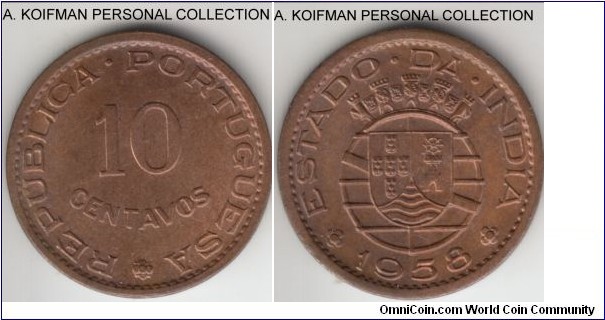 KM-30, 1958 Portuguese India 10 centavos; bronze, plain edge; red brown, mostly brown uncirculated, first year of the short type run.