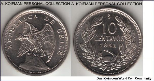 KM-166, 1941 Chile 10 centavos; copper-nickel, plain edge; brilliant uncirculated, common, very nice coin.
