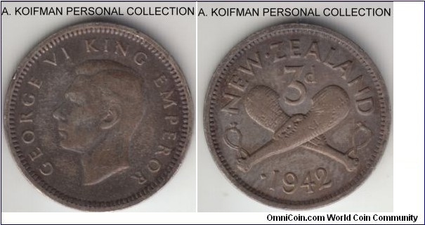 KM-7, 1942 New Zealand 3 pence; silver, plain edge; very fine or about, dark toned, scarce one dot variety missing a dot to the right of the date.