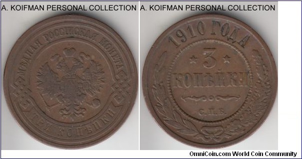 Y#11.2, 1910 Russia (Empire) 3 kopeks; copper, reeded edge; brown good very fine to about extra fine.