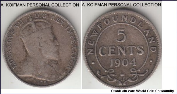 KM-7, 1904 Newfoundland 5 cents, Heaton mint (H mintmark); silver, reeded edge; good fine, small mintage of 100,000.