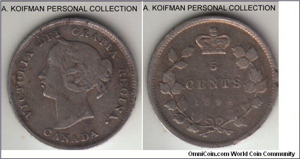 KM-2, 1894 Canada 5 cents; silver, reeded edge; very good or about, scarcer small mintage date.