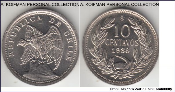 KM-166, 1938 Chile 10 centavos; copper-nickel, plain edge; brilliant uncirculated, virtually as struck, 3 over reverse 3 overdate variety, small flan defect on obverse.