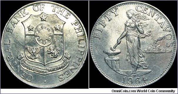 Philippines - 50 Centavos - 1964 - Weight 10,0 gr - Copper-zinc-nickel - Size 30,3 mm - Alignment Coin (180°) - Edge Reeded - Mintage 25 000 000 - Reference KM# 190 (1958-1964)