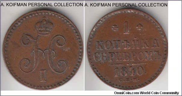 C#144.3, 1840 Russia (Empire) kopek, St. Peterburg mint (СПМ mint mark); copper, plain edge; very fine but reverse has an area cleaned.