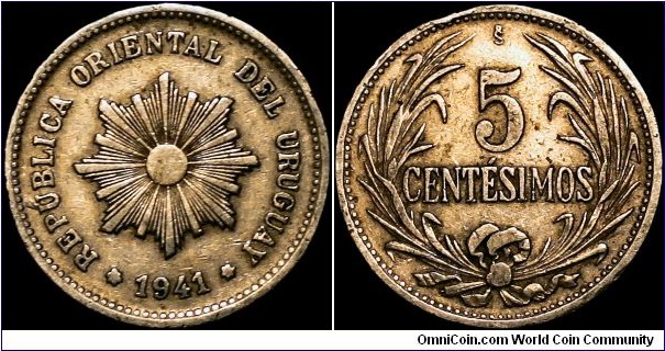 Uruguay - 5 Centésimos - 1941 - Copper-nickel - Size 23,3 mm - Thickness 1,5 mm - Alignment Coin (180°) - Minted in Casa de Moneda de Chile - Edge : Smooth - Mintage 5 000 000 - Reference KM# 21 (1901-1941)