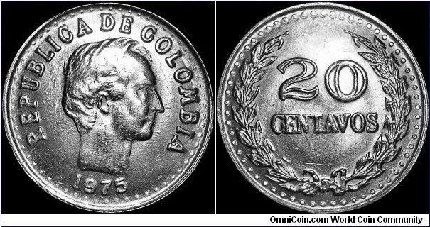 Colombia - 20 Centavos - 1975 - Weight 4,6 gr - Nickel-clad Steel - Size 23,4 mm - Alignment Coin (180°) - Minted in Fábrica de Moneda de Ibaqué (Colombia) - Edge : Milled - Mintage 28 635 000 - Reference KM# 246.1 (1971-1978)