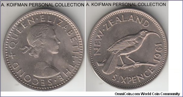 KM-26.2, 1961 New Zealand 6 pence; copper-nickel, reeded edge; very sharp uncirculated.
