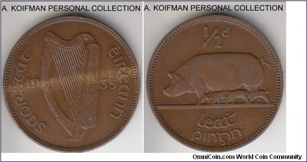 KM-2, 1935 Ireland half penny; bronze, plain edge; good extra fine to about uncirculated, a streak of lighter toning on obverse.