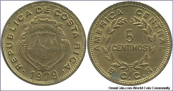 CostaRica 5 Centimos 1979(g), Mint identification  (g)= Guatemala Mint