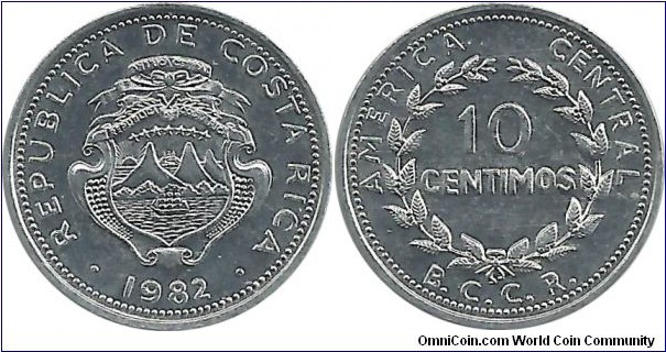 CostaRica 10 Centimos 1982(v), Mint identification (v)= Vereinigte Deutsche Metallwerke, Karlsruhe-Germany  