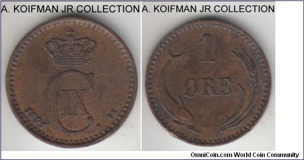 KM-792.1, 1891 Denmark ore; bronze, plain edge; Christian IX, common year, extra fine or so.