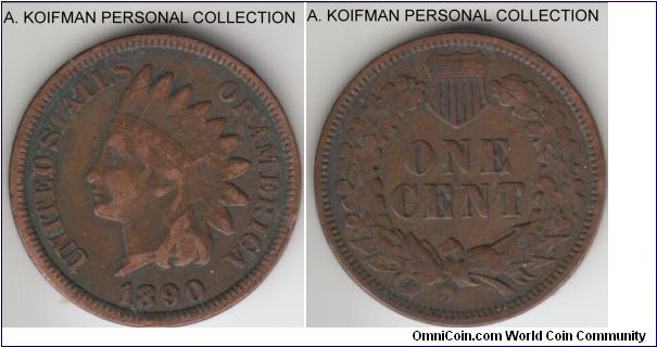 KM-90a, 1890 United States of America cent; bronze, plain edge; circulated but LIBERTY visible, probably good fine or better.