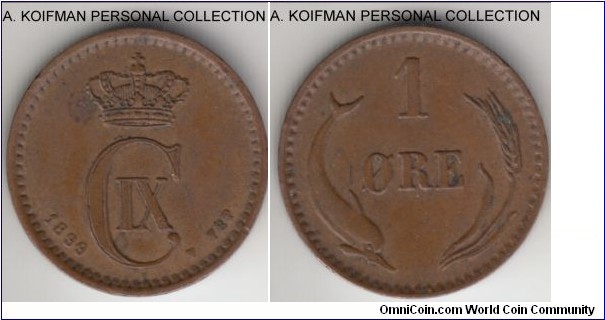 KM-792.2, 1899 Denmark ore; bronze, plain edge; very fine or so.