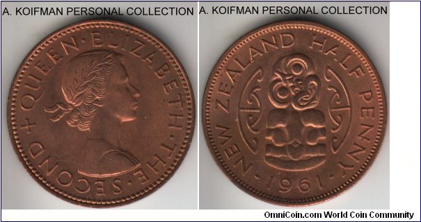 KM-23.2, 1961 New Zealand half penny; bronze, plain edge; red bright uncirculated.