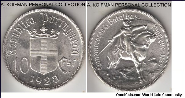 KM-579, 1928 Portugal 10 escudos; silver, reeded edge; bright white uncirculated, good high grade commemorative of the Battle of Ourique, relatively low mintage of 200,000.