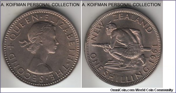 KM-27.2, 1961 New Zealand shilling; copper-nickel, reeded edge; nice, high grade uncirculated, this is a smaller mintage year of the type.
