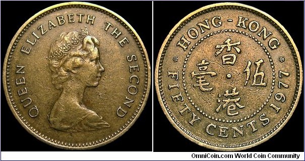 Hong Kong - 50 Cents - 1977 - British colony 1842-1997 - Weight 4,9 gr - Nickel-brass - Size 22,5 mm - Thickness 1,7 mm - Alignment Medal (0°) - Ruler Elizabeth II of the United Kingdom - Engraver Obverse Arnold Machin - Minted in Royal Mint. London - Edge : Reeded - Mintage 60 001 000 - Reference KM# 41 (1977-1980)
