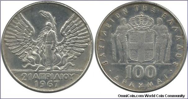 Greece (PhoenixSoldier) 100 Drachmai ND(1970) - 25.00 g., 0.835 Silver 0.6668 oz. ASW, 37 mm.,Subject: April 21, 1967 Revolution