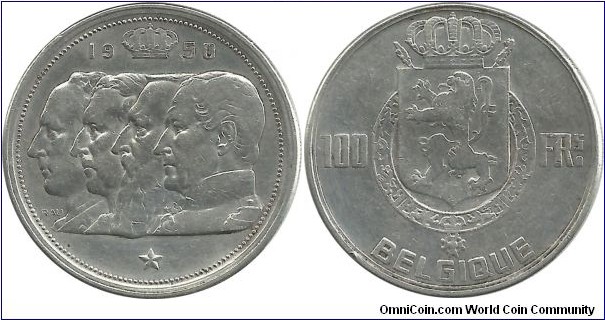 Belgium 100 Francs 1950(Fr) (18.00 g / .835 Ag)