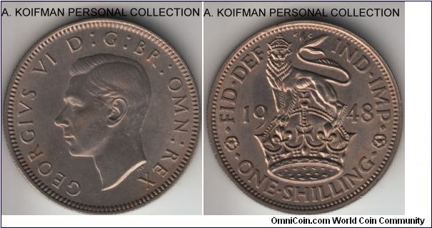 KM-863, 1948 Great Britain shilling; copper-nickel, reeded edge; English crest, nice uncirculated specimen.