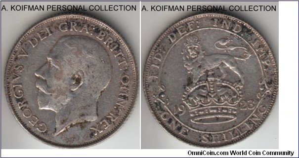 KM-817a, 1923 Great Britain shilling; silver, reeded edge; very fine to good very fine.