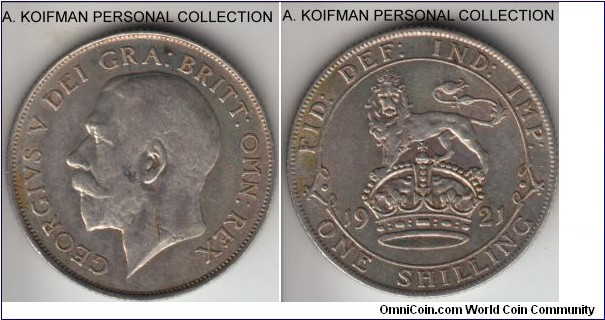 KM-817a, 1921 Great Britain shilling; silver, reeded edge; very fine or about.