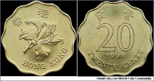 Hong Kong - 20 Cents - 1993 - Weight 2,6 gr - Nickel-brass - Shape Scalloped (whit 12 notches) - Size 19,0 mm - Thickness 1,3 mm - Alignment Medal (0°) - Ruler : Elizabeth II of the United Kingdom - Engraver Joseph Yam - Minted by Royal Mint, London - Obverse : Bauhinia or Hong Kong orchid flower - Edge smooth - Reference KM# 67 (1993-1998)