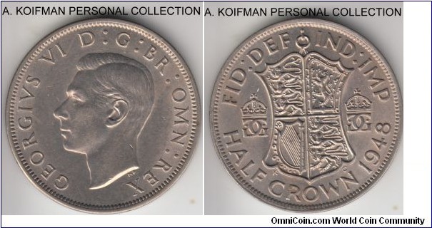 KM-866, 1948 Great Britain half crown; copper-nickel, reeded edge; uncirculated, light toning, later of the 2 year type.