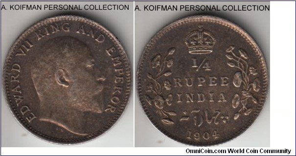 KM-506, 1904 British India 1/4 rupee, Calcutta mint; silver, reeded edge; good extra fine, interesting and pleasant darker toning.