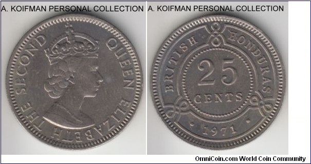 KM-29, 1971 British Honduras 25 cents; copper-nickel, reeded edge; bright interestingly toned uncirculated.
