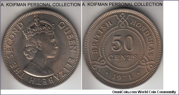 KM-28, 1971 British Honduras 50 cents; copper-nickel, reeded edge; very nice uncirculated, minimal to no contact marks, small mintage of 30,000, although it is not as rare as some of the other late Elizabeth II years..