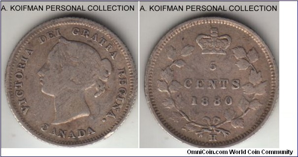 KM-2, 1880 Canada 5 cents, Heaton mint (H mint mark); silver, reeded edge; very good to fine, common year.